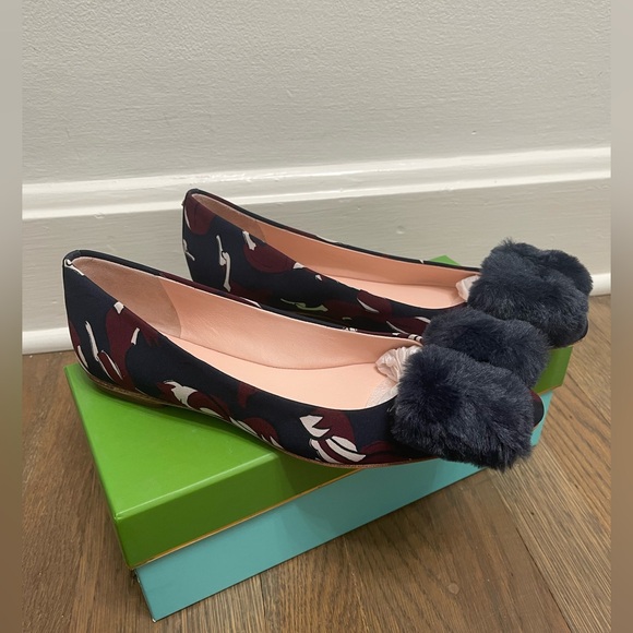 NWT Kate Spade New York Flats. With Navy Faux Fur Bow. Perfect for Holidays! - Picture 2 of 6